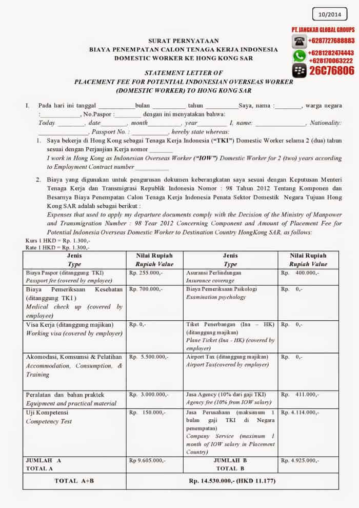 cost structure penempatan tki hongkong