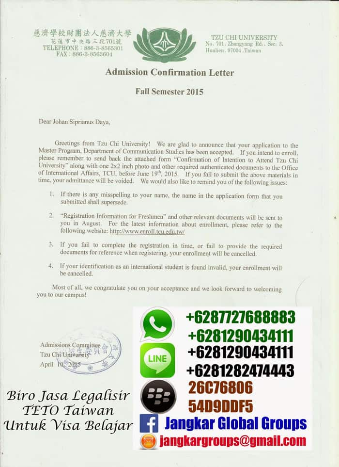 admission-confirmation-letter-taiwan, Legalisir Visa Belajar Di TETO Taiwan