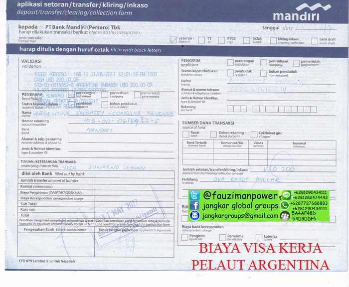 biaya visa kerja argentina pelaut