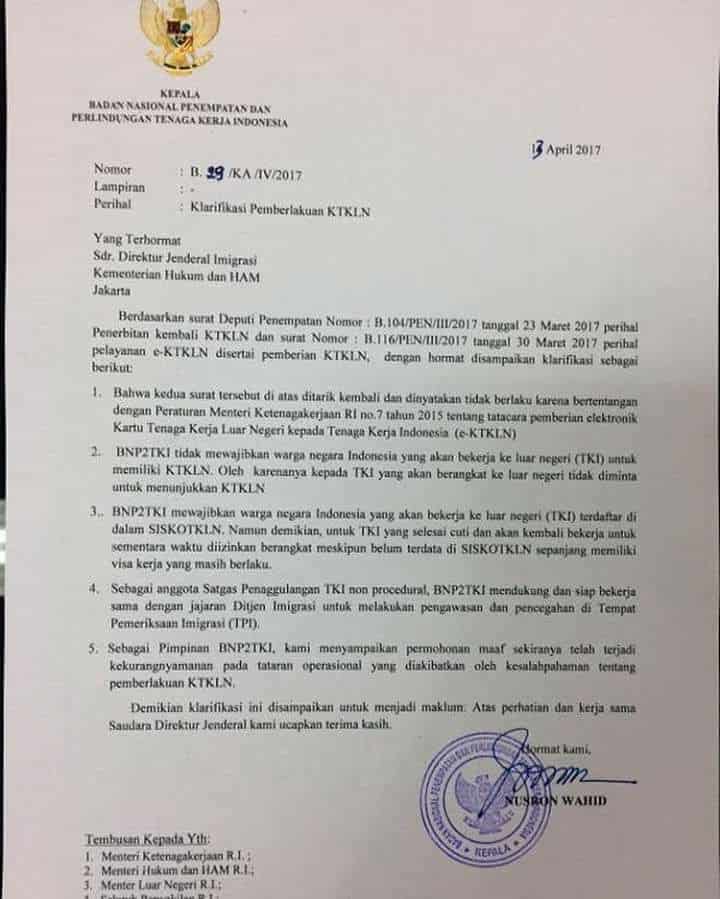 surat klarifikasi BNP2TKI