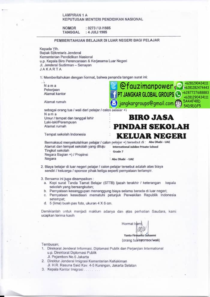 surat pemberitahuan belajar di luar negeri | persyaratan pindah sekolah ke luar negeri