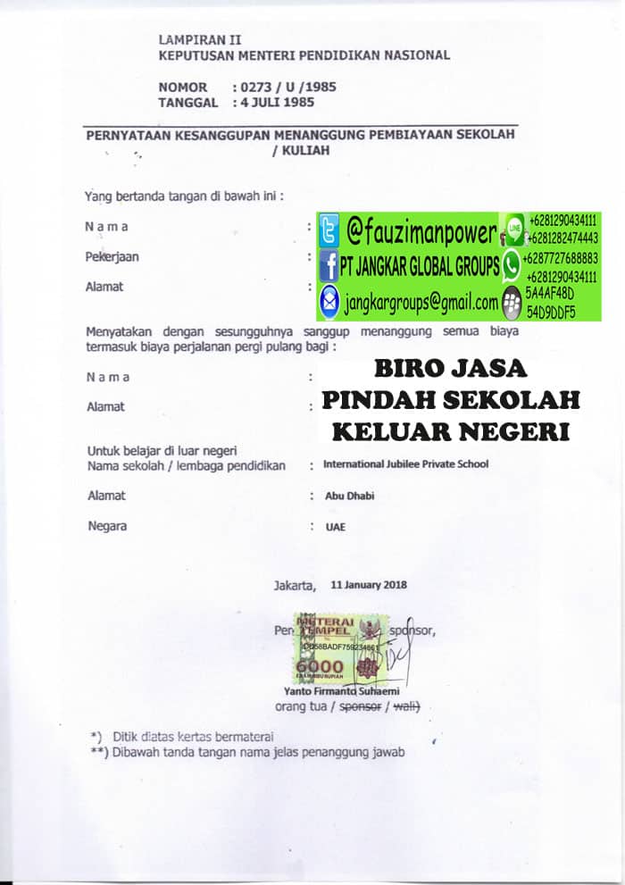 surat pernyataan kesanggupan menanggung biaya sekolah