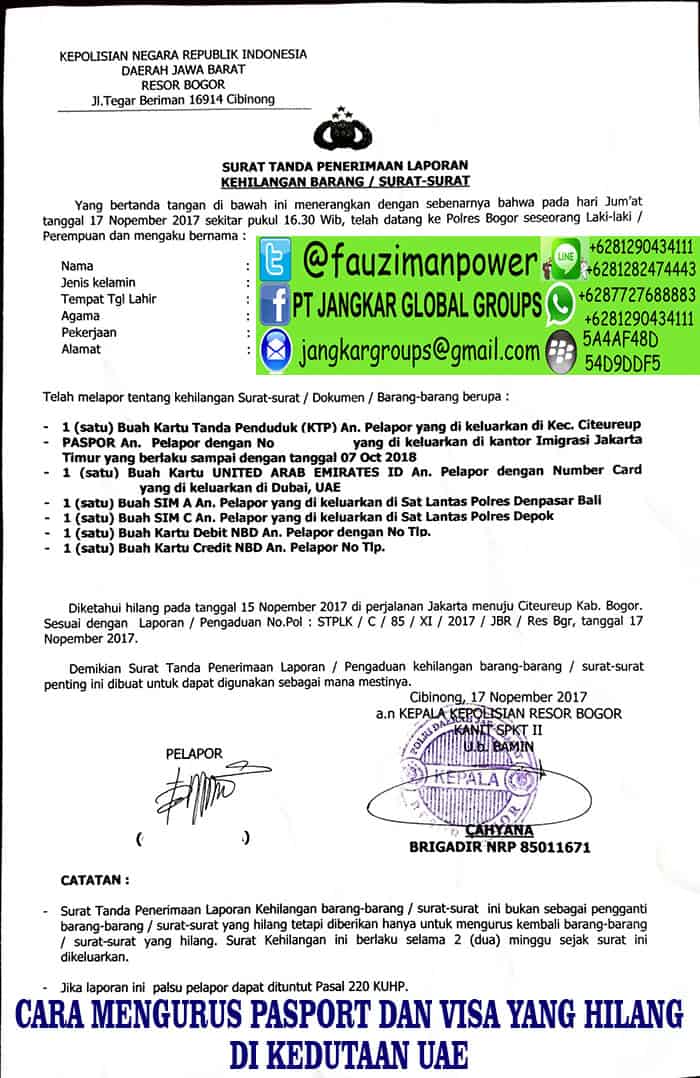 Contoh laporan kehilangan pasport di kepolisian