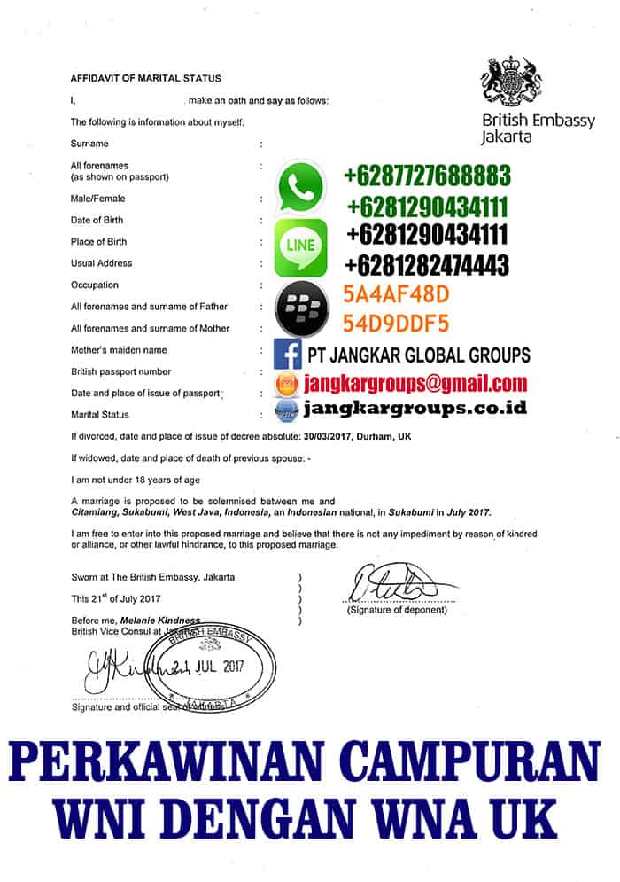 avidavit marital status from embassy UK, Persyaratan Menikah Dengan WNA UK