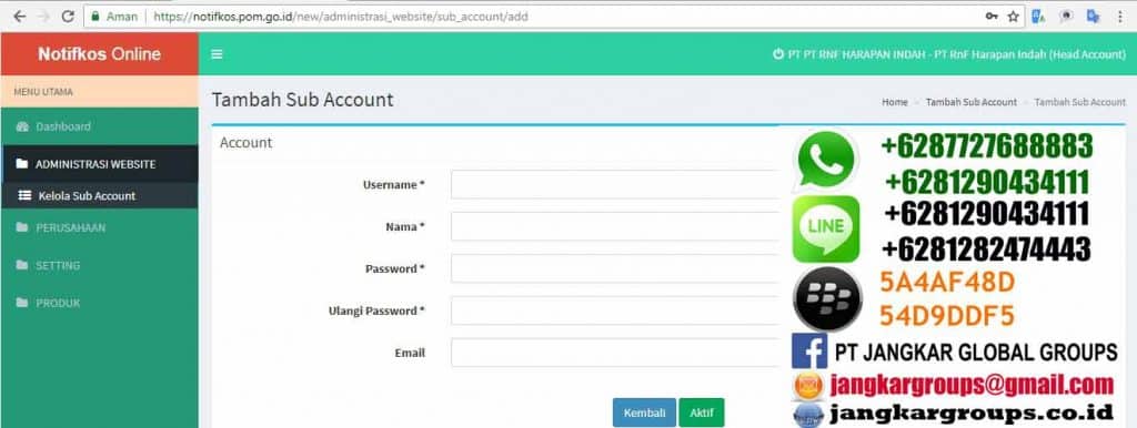 tambah sub account notifkos bpom