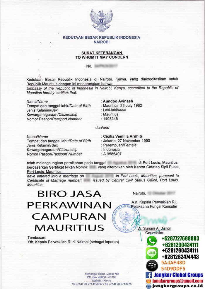 surat keterangan menikah dari kbri nairobi mauritius