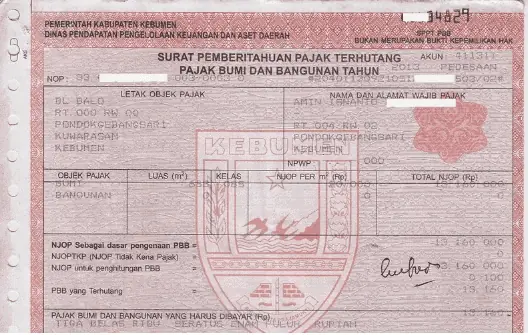 Surat Pemberitahuan Pajak Terhutang SPPT PBB