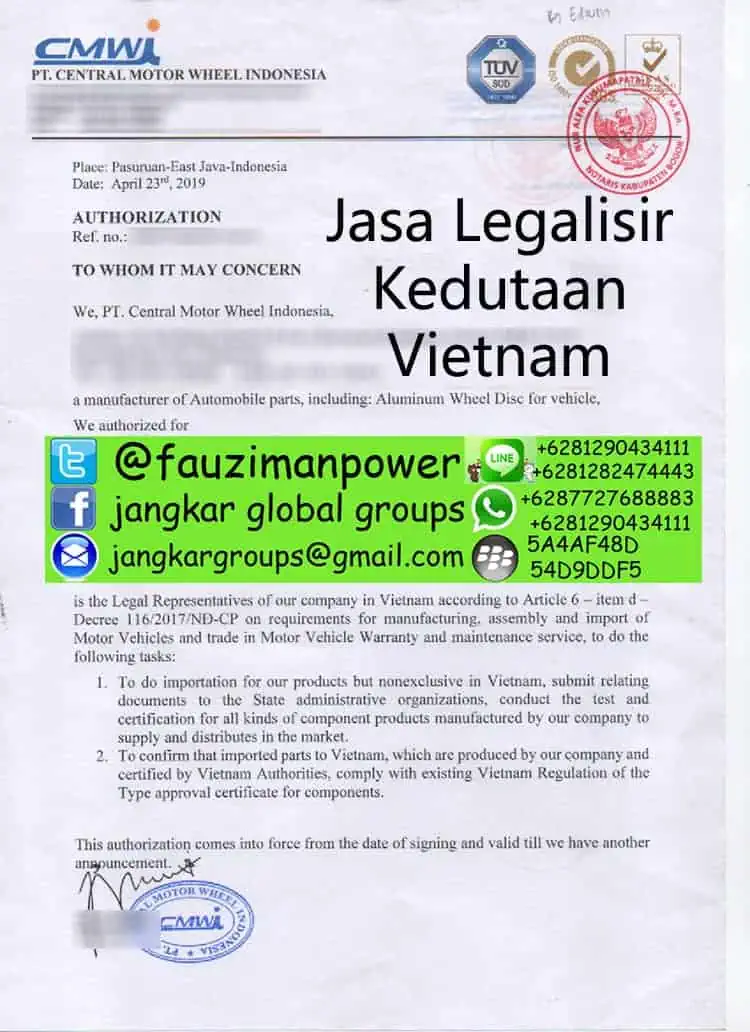 Legalisir Letter Authorizatin Kedutaan Vietnam