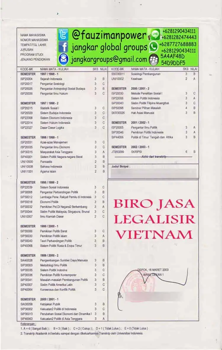 legalisir transkrip nilai kedutaan vietnam