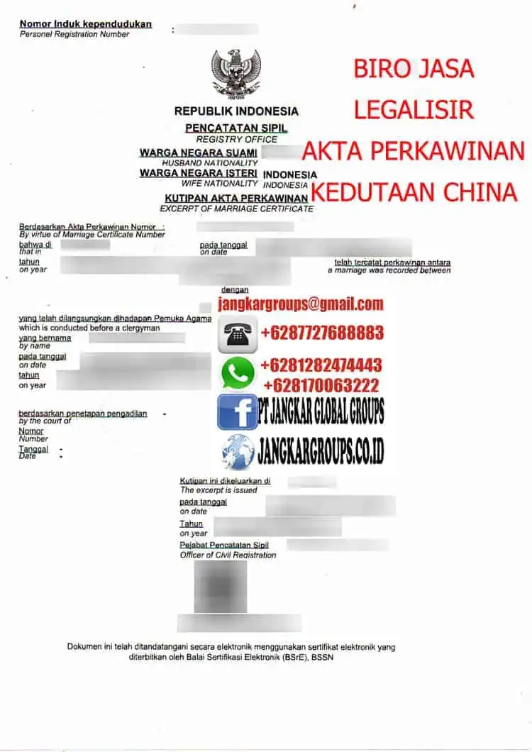 LEGALISIR AKTA PERKAWINAN DI KEDUTAAN CHINA