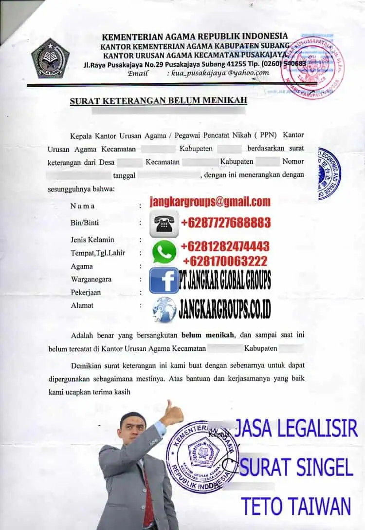 Jasa legalisir surat singel teto taiwan