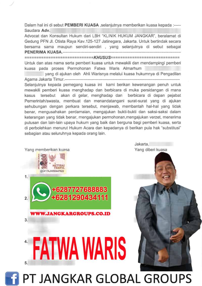 CONTOH SURAT KUASA KUSUS FATWA WARIS