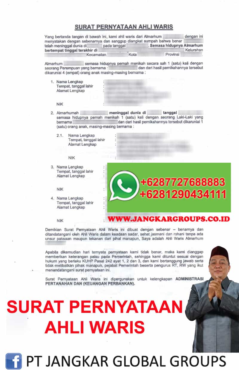 Contoh surat Pernyataan Ahli Waris