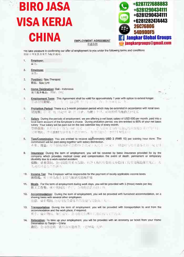 contoh Alient Employment China