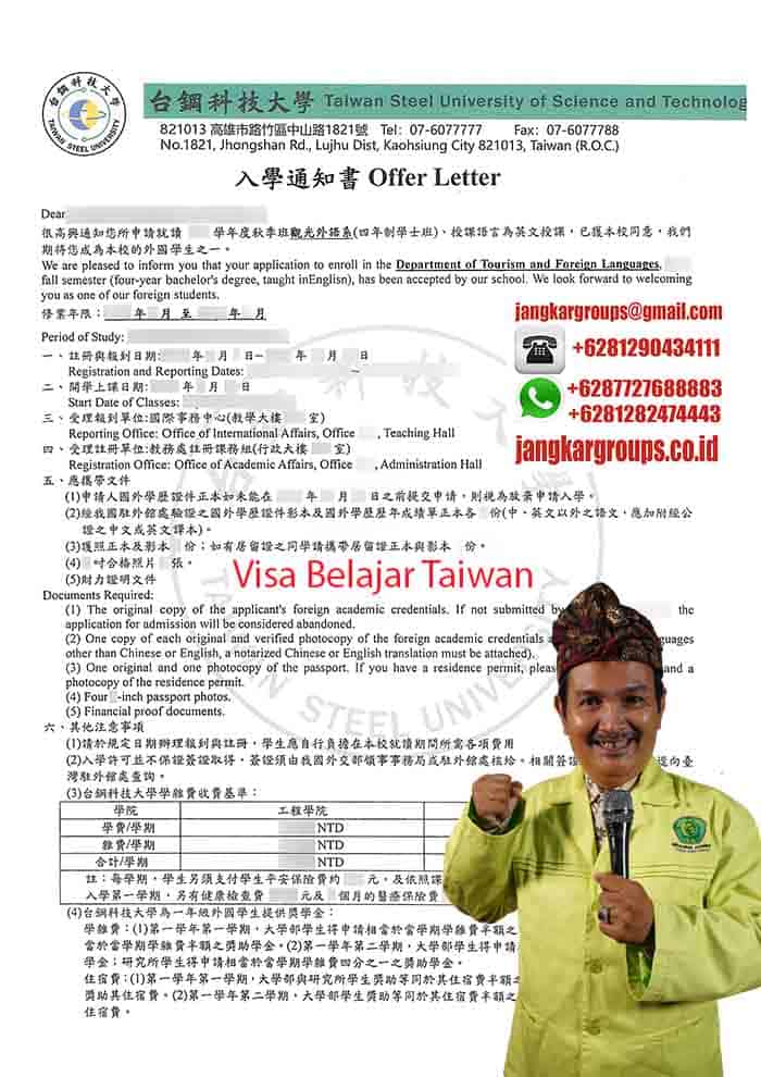 Contoh Offer Letter Visa Belajar Taiwan