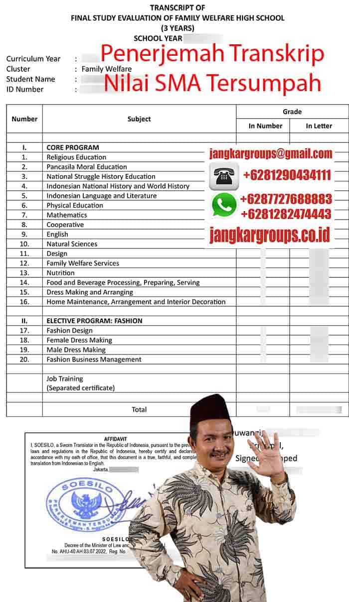 Contoh Penerjemah Transkrip Nilai SMA Tersumpah