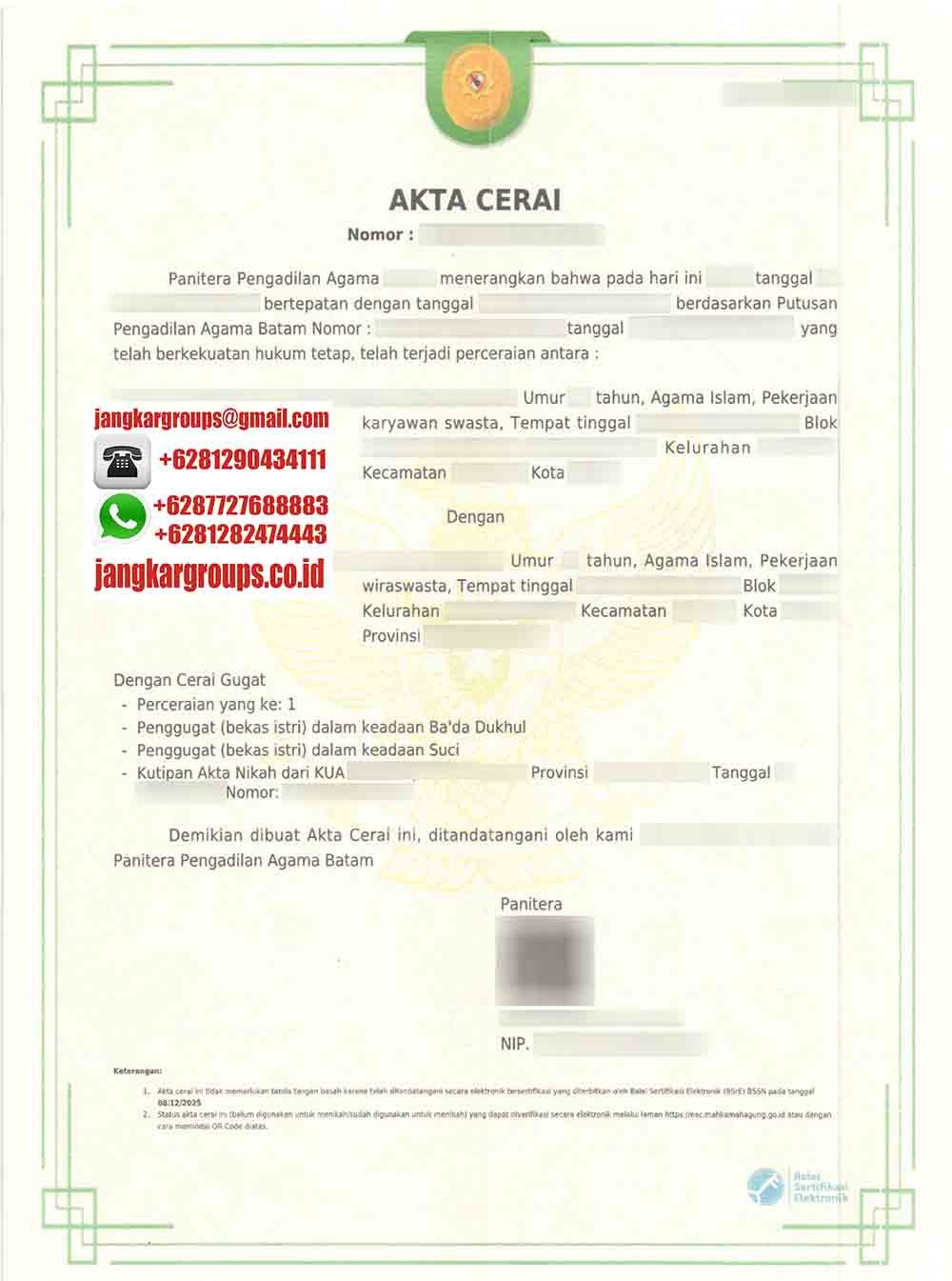 Contoh Badilag akta cerai Contoh Badilag akta cerai