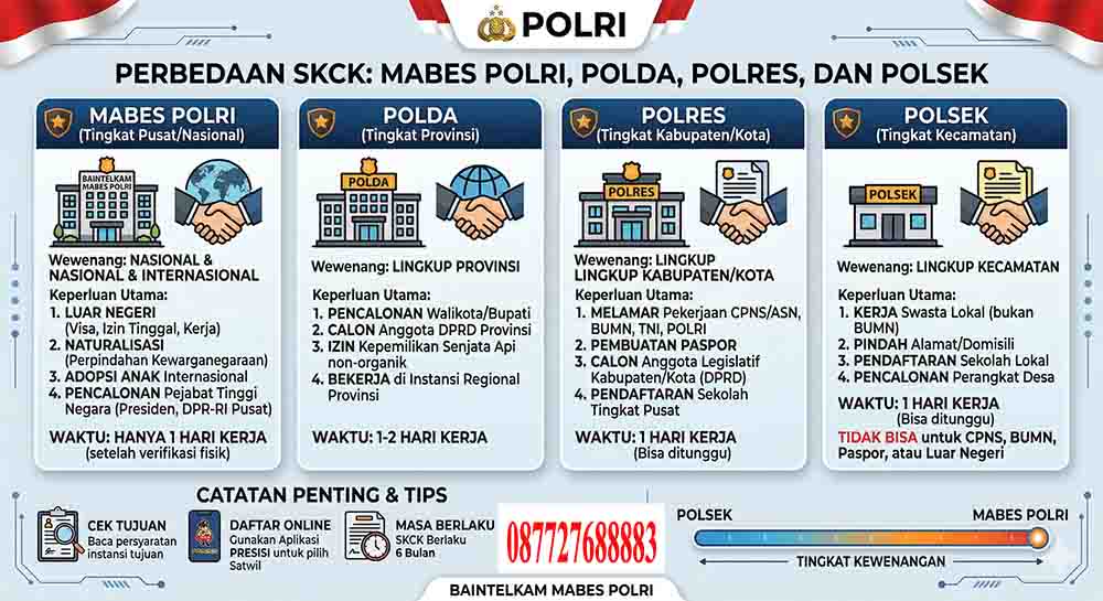 infografis Perbedaan SKCK Mabes Polri, Polda, Polres, dan Polsek