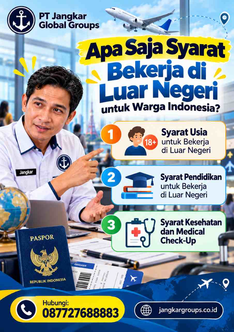 Buatkan gambar flayer modern, Cantik dengan gaya casual, deskripsi yang singkat saja 905X1280 tentang:
Apa Saja Syarat Bekerja di Luar Negeri untuk Warga Indonesia?
1. Syarat Usia untuk Bekerja di Luar Negeri
2. Syarat Pendidikan untuk Bekerja di Luar Negeri
3. Syarat Kesehatan dan Medical Check-Up
PT Jangkar Global Groups
Hubungi: 087727688883
pose dan latar :